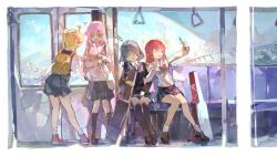 4girls ahoge backpack bag black_pantyhose black_socks blonde_hair blue_hair bocchi_the_rock! closed_eyes cocoballking flying_sweatdrops full_body gotoh_hitori highres ijichi_nijika kita_ikuyo kneehighs loafers long_hair long_sleeves multiple_girls on_train open_mouth pantyhose pink_hair red_hair school_uniform selfie shoes side_ponytail sitting skirt sleeping smile socks standing white_socks yamada_ryo zzz