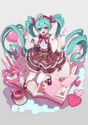 Rule 34 | 1girl, :d, ahoge, aqua eyes, aqua hair, book, bow, brown skirt, cute x subculture hatsune miku design contest, fashion, frilled skirt, frills, from above, hair ribbon, hashtag-only commentary, hat, hatsune miku, heart, heart ahoge, heart in eye, highres, holding, holding pen, lolita fashion, long hair, looking at viewer, mary janes, open mouth, overall skirt, pen, perspective, pink hat, red shoes, ribbon, shibuki kamone, shirt, shoes, skirt, smile, solo, sweet lolita, symbol in eye, thighhighs, twintails, very long hair, vocaloid, white shirt, white thighhighs
