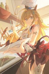 1girl ahoge apron armlet blonde_hair blue_eyes bottle braid breasts chef chef_hat cowboy_shot escoffier_(genshin_impact) food genshin_impact hair_ornament hat heart heart_hair_ornament heart_in_eye highres holding holding_food holding_ladle indoors jewelry ladle long_hair looking_at_viewer mechanical_tail nooo outstretched_arm plate red_skirt skirt smile solo sparkle symbol_in_eye tail thighhighs white_apron white_hat white_thighhighs wrist_cuffs