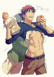 2boys abs bag bare_pectorals belt belt_buckle black_belt black_shirt blue_eyes blue_hair brown_pants buckle burger clothes_lift crew_neck cropped_legs dated food food_wrapper forked_eyebrows green_shirt groin holding holding_bag holding_burger holding_food kagami_taiga kuroko_no_basuke kuroko_tetsuya looking_ahead male_focus motion_lines multiple_boys nipples open_mouth pants paper_bag pectoral_grab pectorals red_eyes red_hair shirt shirt_lift surprised sweat sweatdrop teeth torisu twitter_username upper_teeth_only white_background white_pants yaoi