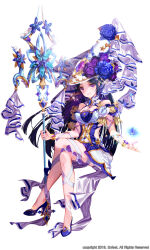 1girl black_hair blue_flower breasts cleavage commission crossed_legs dress flower full_body hair_flower hair_ornament hat high_heels highres holding invisible_chair jewelry kiwikong long_hair looking_at_viewer original polearm purple_eyes ribbon rose sensitive simple_background sitting solo staff weapon white_background
