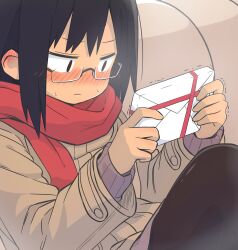 absurdres black_hair black_leggings blush brown_coat brown_eyes coat glasses highres holding leggings long_sleeves looking_at_object newbear original package red_scarf scarf semi-rimless_eyewear sweatdrop sweater trembling under-rim_eyewear valentine