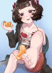 Rule 34 | 1girl, barefoot, between toes, black hair, blush, feet, food, fruit, mandarin orange, medium hair, parted lips, rainlight ai, red eyes, soles, toes