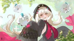 Rule 34 | 1girl, absurdres, backless dress, backless outfit, bealouis illu, black dress, blonde hair, blush, commentary, dress, english commentary, graveyard, hat, highres, long hair, long sleeves, nijisanji, nijisanji en, open mouth, phantomo (reimu endou), pink eyes, reimu endou, reimu endou (1st costume), sleeves past fingers, sleeves past wrists, smile, very long hair, virtual youtuber