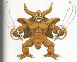 Rule 34 | 1990s (style), 1boy, absurdres, aqua eyes, claws, dark skin, dragon quest, dragon quest iv, dual wielding, estark, fangs, fingernails, full body, highres, holding, holding sword, holding weapon, horns, male focus, monster, monster focus, muscular, no humans, official art, open mouth, retro artstyle, scan, sharp fingernails, solo, sword, third-party source, toriyama akira, triclops, weapon, white background