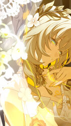 1girl absurdres aglaea_(honkai:_star_rail) blonde_hair breast_tattoo flower green_eyes hair_flower hair_ornament hand_up head_wreath highres honkai:_star_rail honkai_(series) looking_down medium_hair nail_polish official_art parted_lips portrait solo tattoo third-party_edit third-party_source white_flower yellow_nails yellow_theme