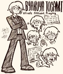 1boy 1girl absurdres angry black_jacket collared_shirt crossed_arms danganronpa:_trigger_happy_havoc danganronpa_(series) fukawa_toko glasses highres jacket josh-s26 long_sleeves male_focus necktie open_mouth pointing school_uniform shirt shoes short_hair simple_background smirk teeth togami_byakuya tongue white_shirt