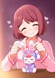 1girl animal arakawa_tarou blush closed_eyes closed_mouth clothed_animal collarbone commentary_request furrowed_brow hanadera_nodoka hat healin&#039;_good_precure heart highres long_sleeves motion_lines nightcap pajamas pink_pajamas precure purple_hat purple_pajamas rabbit rabirin_(precure) red_hair short_hair smile