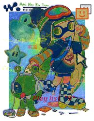 Rule 34 | 1girl, alien, beanie, black boots, black shorts, blue hat, blue shirt, boots, border, closed mouth, commentary, cursor, english commentary, f0rd 5 px, film grain, full body, goggles, goggles on head, green hair, green sleeves, hand up, hat, highres, inkling, inkling girl, inkling player character, layered sleeves, long hair, long sleeves, looking at viewer, multicolored boots, nintendo, orange sleeves, pac-man eyes, pointing, pointing at another, pom pom (clothes), pom pom beanie, rubber duck, shirt, short over long sleeves, short sleeves, shorts, shoulder strap, smile, splatoon (series), standing, standing on one leg, striped sleeves, tentacle hair, two-tone boots, two-tone sleeves, very long hair, white boots, white border, yellow eyes