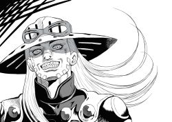 1boy adam&#039;s_apple araki_hirohiko_(style) cowboy_hat crosshatching facial_hair greyscale grin gyro_zeppeli hat hatching_(texture) highres jojo_no_kimyou_na_bouken keiimajima02 long_hair male_focus monochrome smile solo steel_ball_run upper_body