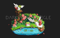 :d bush closed_mouth commentary darkvoiddoble dunsparce falling_petals flower gen_2_pokemon gen_3_pokemon gen_4_pokemon grass green_eyes legendary_pokemon lotad moss mythical_pokemon nintendo no_humans open_mouth petals pink_flower pokemon pokemon_(creature) shaymin shaymin_(land) shaymin_(sky) smile water