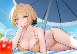 1girl absurdres alternate_costume armpit_crease bare_shoulders beach_towel beach_umbrella bikini black_bow blonde_hair blue_sky blush bow breasts closed_mouth collarbone commentary cup day drinking_glass drinking_straw evelyn_chevalier hair_bow highres large_breasts looking_at_viewer myumyu431 navel outdoors purple_eyes short_hair sky smile solo stomach swimsuit thighs towel umbrella yellow_bikini zenless_zone_zero