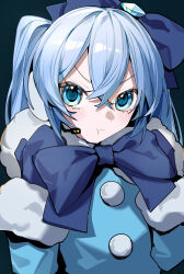 Rule 34 | 1girl, :t, absurdres, angry, artist name, black background, blue bow, blue coat, blue eyes, blue hair, blue mittens, blush, bow, bowtie, coat, commentary, dot nose, earmuffs, fur-trimmed coat, fur trim, gem, hair bow, hatsune miku, headset, highres, long hair, looking at viewer, mittens, myuga66666, pom pom (clothes), pout, solo, twintails, upper body, vocaloid, yuki miku, yuki miku (2012)