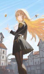 1girl ahoge black_dress black_skirt blonde_hair blue_sky blush braid breasts brown_pantyhose closed_mouth coin coin_flip dieta_arbenia dress highres i_pulled_out_excalibur large_breasts long_hair long_sleeves looking_at_viewer looking_back mia_(39565899) pantyhose skirt sky smile solo yellow_eyes
