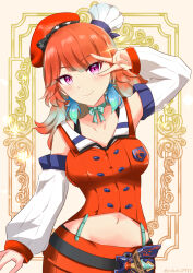 1girl absurdres blush bow bow_choker breasts chef_hat choker detached_sleeves earrings feather_earrings feathers gradient_hair green_choker hat highres hololive hololive_english jewelry long_hair looking_at_viewer maskmate2003 mini_chef_hat multicolored_hair multiple_hats orange_hair orange_hat orange_skirt purple_eyes simple_background skirt smile takanashi_kiara takanashi_kiara_(1st_costume) two-tone_background v virtual_youtuber
