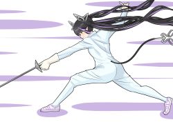 Rule 34 | 1girl, alternate costume, black hair, blunt bangs, bodysuit, closed mouth, commentary request, demon girl, demon horns, demon tail, fencing, fencing suit, foil (fencing), full body, gloves, highres, holding, holding sword, holding weapon, horns, kojo anna, long hair, multicolored hair, nanashi inc., pointy ears, purple hair, robou no stone, shoes, sneakers, solo, sugar lyric, sword, tail, twintails, two-tone hair, very long hair, virtual youtuber, weapon, white bodysuit, white gloves, white shoes, yellow eyes