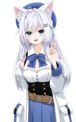 1girl :d animal_ear_fluff animal_ears antenna_hair belt belt_buckle belt_pouch beret blue_bow blue_bowtie blue_eyes blue_skirt blush bow bowtie breasts brown_belt buckle cat_ears cat_girl cleavage cleavage_cutout clothing_cutout coat collar collared_shirt corset cowboy_shot grey_hair hair_between_eyes hair_ornament hairclip hand_up hat high-waist_skirt highres jacket long_hair long_sleeves looking_at_viewer loose_belt medium_breasts multiple_belts nozomi_(vrchat) off_shoulder open_clothes open_coat open_jacket open_mouth pleated_skirt pocket pouch shirt sidelocks simple_background skirt sleeveless sleeveless_shirt small_breasts smile solo suzuki-shi transparent_background underbust v vrchat white_background white_coat white_collar white_hair white_jacket white_shirt wolf_girl