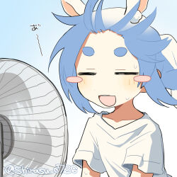 animal_ears blue_eyes blush_stickers closed_eyes collarbone electric_fan floating_hair hair_floating_upwards hair_lift highres hololive nm_shirasu open_mouth rabbit_ears rabbit_girl shirt sweatdrop twitter_username upper_body usada_pekora white_shirt