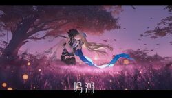 2girls absurdres alens black_boots black_dress black_gloves black_hair black_shorts blonde_hair boots braid breasts carrying cartethyia_(wuthering_waves) closed_eyes crown crown_of_thorns dress elf falling_leaves female_rover_(wuthering_waves) full_body gloves grass hands_on_another&#039;s_shoulders hands_on_another&#039;s_thighs highres kiss kneeling leaf legband long_hair multiple_girls on_grass outdoors pants pointy_ears princess_carry rover_(wuthering_waves) shoes short_hair shorts sky small_breasts sunset tacet_mark_(wuthering_waves) thigh_boots tree white_shoes wuthering_waves yellow_eyes yuri