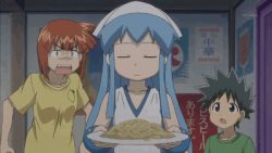 animated animated_gif black_eyes black_hair blue_eyes blue_hair dress facepalm food fruit hat ikamusume ink lemon long_hair lowres orange_hair pasta plate shinryaku!_ikamusume short_hair spaghetti surprised tentacle_hair