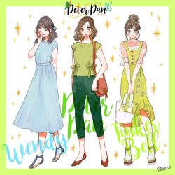 3girls bag blonde_hair blue_dress blue_eyes brown_hair contemporary dress genderswap genderswap_(mtf) hair_bun looking_at_viewer meecosme multiple_girls open_mouth pants sandals shirt shoes single_hair_bun smile tinker_bell_(disney) walt_disney&#039;s_peter_pan wendy_darling