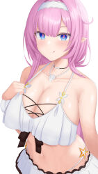 1girl absurdres bikini blue_eyes breasts cleavage collarbone commentary_request elf elrin elysia_(honkai_impact) elysia_(miss_pink_elf)_(honkai_impact) elysia_(summer_miss_elf)_(honkai_impact) hairband highres honkai_(series) honkai_impact_3rd jewelry large_breasts licking_lips long_hair navel necklace official_alternate_costume pearl_necklace pink_hair pointy_ears shell shell_necklace simple_background solo stomach swimsuit tongue tongue_out white_background white_bikini white_hairband
