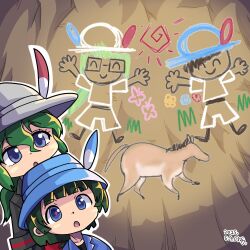 2boys 2girls black_hair blue_eyes captain_(kemono_friends) cave_interior cave_paintings child&#039;s_drawing closed_eyes gameplay_mechanics glasses green_hair hat hat_feather helmet kaban_(kemono_friends) kemono_friends kemono_friends_2 kemono_friends_3 kyururu_(kemono_friends) mirai_(kemono_friends) multicolored_hair multiple_boys multiple_girls mural noda_ryo pith_helmet prehistoric_animal shirt short_hair smile tarpan_(kemono_friends)