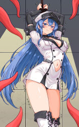 1girl akame_ga_kill! arms_up bakasp-lilzy black_choker black_panties blue_eyes blue_hair blush bound bound_wrists breasts choker cleavage closed_mouth clothing_cutout dress esdeath hat highres large_breasts long_hair military_hat navel navel_cutout panties pantyshot peaked_cap restrained rope short_dress solo tentacles thighhighs thighs tile_wall tiles trembling underwear very_long_hair white_dress white_hat white_thighhighs