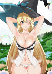 1girl absurdres aizawa_azusa armpits arms_behind_head arms_up blonde_hair blue_eyes blurry blurry_background braid breasts bubble cleavage hair_between_eyes hat highres landscape large_breasts large_hat long_hair midriff_peek navel one_eye_closed open_clothes outdoors panties sleeveless slime_(creature) slime_taoshite_300_nen_shiranai_uchi_ni_level_max_ni_nattemashita smile stained_clothes steam steaming_body sweat sweaty_clothes tongue tree underwear very_long_hair voidmakerz wide_hips witch_hat