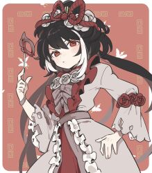 1girl black_hair border bow choker double_bun dress dress_ribbon flower frilled_sleeves frills grey_dress hair_bun highres holding holding_mask indicant&#039;s_trial_(e.g.o) jia_xichun_(project_moon) kojocho05 limbus_company long_hair long_sleeves looking_at_viewer mask masquerade_mask multicolored_hair pink_bow project_moon red_background red_choker red_eyes red_flower red_rose rose simple_background solo standing streaked_hair twintails updo upper_body white_border white_flower white_hair white_rose