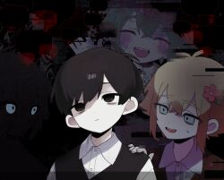 Rule 34 | 4boys, absurdres, antenna hair, basil (faraway) (omori), basil (headspace) (omori), basil (omori), black eyes, black hair, black sweater vest, blonde hair, blue eyes, closed eyes, closed mouth, collared shirt, flower, green hair, hair flower, hair ornament, hand on another&#039;s shoulder, highres, looking at another, male focus, mqd0rl, multiple boys, omori, shirt, short hair, stranger (omori), sunny (omori), sweatdrop, sweater vest, teeth, upper teeth only, white eyes, white shirt