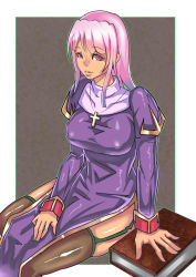 1girl breasts brown_thighhighs covered_erect_nipples cross cross_necklace female_focus garter_straps jewelry large_breasts long_hair necklace pink_eyes pink_hair priest_(ragnarok_online) ragnarok_online shiny_clothes solo thighhighs zxc