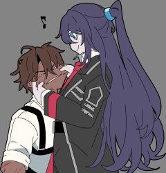 Rule 34 | 1boy, 1girl, aqua eyes, blue hair, brown hair, cheek pull, closed mouth, collared shirt, dark-skinned male, dark skin, grey background, half updo, hands up, heathcliff (project moon), highres, hong lu (project moon), kekeken, limbus company, long hair, long sleeves, necktie, project moon, red necktie, scar, scar on arm, scar on face, shirt, simple background, smile, very long hair, white shirt