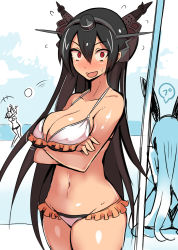 10s 3girls beach bikini black_hair breasts cleavage crossed_arms embarrassed frilled_bikini frills gloves headgear highres huge_breasts kantai_collection long_hair looking_at_viewer multiple_girls mutsu_(kancolle) nac000 nagato_(kancolle) personification red_eyes shimakaze_(kancolle) smile sweatdrop swimsuit very_long_hair