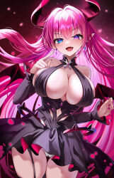 1girl :d absurdres akusamu azur_lane bare_shoulders black_dress blue_eyes blue_pupils blush breasts cleavage cleavage_cutout clothing_cutout commentary_request demon_girl demon_horns demon_wings detached_sleeves dress earrings fang garter_straps hands_up heterochromia highres hip_focus horns jewelry large_breasts long_hair looking_at_viewer looking_down mecklenburg_(azur_lane) microdress nail_polish open_mouth panties pink_hair pink_nails pointing pointing_at_self purple_eyes purple_pupils smile solo standing stomach_cutout thighs underwear very_long_hair white_panties wings