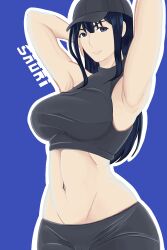 1girl absurdres alexk armpits arms_behind_head baseball_cap blue_archive blue_eyes blue_hair breasts cameltoe character_name hat highres large_breasts legs long_hair looking_at_viewer midriff navel pants pink_lips saori_(blue_archive) smile solo thighs toned