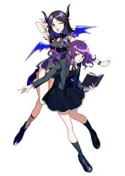 2girls black_dress black_hair black_socks blue_eyes book bracelet demon_girl demon_horns demon_wings dress fishnet_socks fishnets frilled_dress frills full_body highres holding holding_book horns idolmaster idolmaster_shiny_colors jewelry ka3ann loafers miniskirt mitsumine_yuika multiple_girls neck_ribbon official_alternate_costume open_mouth purple_eyes purple_hair ribbon shoes skirt smile socks studded_bracelet tanaka_mamimi white_background wings