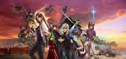 3boys 6+girls aura barefoot black_gloves black_hair bodysuit brown_hair cloud cloudy_sky crossed_arms feet fingerless_gloves gloves green_hair grin gun hair_over_one_eye headband highres holding holding_weapon honoka_(the_third) jacket lipstick long_hair makeup mullet multiple_boys multiple_girls official_art open_clothes open_jacket paife shirou_masamune short_hair sky smile sunset sword tank_top the_third toeless_legwear toes unsheathed weapon