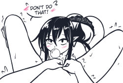 2girls adventure_time all_fours ass blush chewing_gum female_pov greyscale highres looking_at_another marceline_abadeer monochrome multiple_girls pointy_ears pov princess_bonnibel_bubblegum simple_background spread_legs trembling vewuinsky yuri