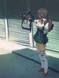 1girl aiming ammunition_pouch animal_bag backpack bag belt black_belt blue_skirt breasts brown_hair cat_bag cigarette cyborg fingerless_gloves full_body glasses gloves gun hair_ornament hairclip highres holding holding_cigarette holding_gun holding_weapon large_breasts looking_to_the_side mechanical_legs miniskirt notfuji original outdoors pleated_skirt pouch science_fiction scope shirt short_hair skirt sleeves_rolled_up solo standing turning_head weapon white_shirt