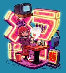 1girl :o blue_background blue_eyes bowl chopsticks crt diorama flip-flops food highres holding holding_chopsticks isometric looking_at_food neon_lights noodles original ramen red_hair red_sandals sandals sign simple_background sitting skirt socks solo soup steam stool table television trash_can yamarlu