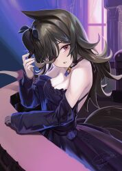 animal_ears anizi black_dress black_hair blue_flower blue_rose blush breasts cleavage collar detached_sleeves dress fascinator flipped_hair flower hair_over_one_eye hat hat_flower highres horse_ears horse_girl horse_tail jewelry long_hair necklace off-shoulder_dress off_shoulder red_eyes rice_shower_(umamusume) rose signature tail tilted_headwear umamusume window