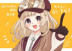 1girl :d blush brown-framed_eyewear brown_capelet brown_eyes brown_gloves brown_hair brown_hat capelet collared_shirt commentary_request deerstalker dress_shirt eyewear_on_head fang gloves half_gloves harapeko_shoujo_to_tantei_to haruno_rikka hat head_tilt highres long_sleeves looking_at_viewer open_mouth orange_background plaid_hat pointing puffy_long_sleeves puffy_sleeves rino_cnc round_eyewear shirt short_eyebrows smile solo thick_eyebrows translation_request twitter_username two-tone_background upper_body v-shaped_eyebrows white_background white_shirt