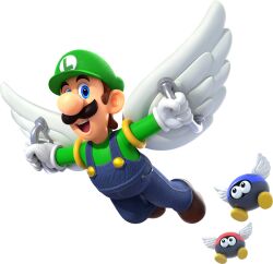 1boy 3d blue_eyes blue_overalls boots brown_boots brown_hair denim_overalls facial_hair gloves green_hat green_shirt hat highres luigi mario_(series) mario_party mustache nintendo official_art open_mouth overalls para-biddybud shirt short_hair simple_background super_mario_party_jamboree teeth transparent_background upper_teeth_only white_gloves