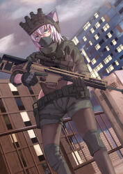 1boy animal_ears ao_homura belt black_pantyhose building cat_ears city combat_helmet commentary commission crossed_bangs gloves green_eyes gun helmet highres holding holding_gun holding_weapon holster locker military military_uniform night_vision_device original pantyhose pink_hair rifle scope see-through_clothes see-through_pantyhose short_shorts shorts sniper_rifle solo trap weapon