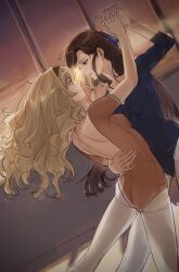 2girls arm_up ass athletic_leotard backless_leotard blonde_hair blue_bow blue_eyes blue_leotard blush bow breasts brown_hair brown_hairband classroom closed_mouth cowboy_shot dancing deerwhisky dutch_angle evening eye_contact face-to-face from_side hair_bow hair_ornament hairband half_updo hand_on_another&#039;s_back hand_on_another&#039;s_shoulder hand_up highres holding_hands indoors interlocked_fingers leotard light_smile long_hair looking_at_another medium_breasts multiple_girls nose_blush orange_leotard pantyhose parted_bangs profile saijou_claudine short_sleeves shoujo_kageki_revue_starlight shoulder_blades standing tendou_maya three-quarter_sleeves v-shaped_eyebrows very_long_hair wavy_hair white_pantyhose window x_hair_ornament yuri