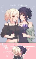 2girls asaka_karin black_dress black_shirt blonde_hair blue_background blue_eyes blush bra_strap cellphone closed_mouth collarbone commentary_request dress hand_on_another&#039;s_face heart highres holding jewelry kiss kuroda_roku_(345) looking_at_another love_live! love_live!_nijigasaki_high_school_idol_club midriff miyashita_ai multiple_girls navel necklace one_side_up parted_lips phone pink_background purple_hair red_eyes selfie_stick shirt smartphone two-tone_background yuri