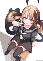 1girl :p alternate_costume black_sailor_collar black_serafuku black_shirt black_shoes black_skirt black_thighhighs blonde_hair brown_hair chair collarbone commentary from_above gigi_murin hand_up highres hololive hololive_english loafers long_hair long_sleeves looking_at_viewer looking_up midriff_peek miniskirt multicolored_hair neckerchief noeee on_chair pink_eyes pleated_skirt sailor_collar school_chair school_uniform serafuku shirt shoes short_hair short_twintails simple_background sitting skirt solo tail thighhighs tongue tongue_out twintails two-tone_hair v virtual_youtuber white_background white_neckerchief