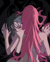 2girls absurdres alien_stage black_hair blush commentary english_commentary hand_on_another&#039;s_shoulder highres holding_hands interlocked_fingers long_hair mizi_(alien_stage) multiple_girls nude pink_hair purple_eyes sua_(alien_stage) sweat tuxiaoning_not yuri