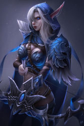 1girl absurdres alisa_nilsen armor arrow_(projectile) blue_cape blue_eyes boobplate bow_(weapon) breastplate breasts cape chest_harness cleavage closed_mouth ears_through_headwear hair_over_one_eye harness highres holding holding_arrow holding_bow_(weapon) holding_weapon hood hood_up lipstick long_hair long_pointy_ears looking_at_viewer makeup one_eye_covered pointy_ears quiver red_lips signature solo standing sylvanas_windrunner thighhighs warcraft warcraft_iii warcraft_iii weapon white_hair